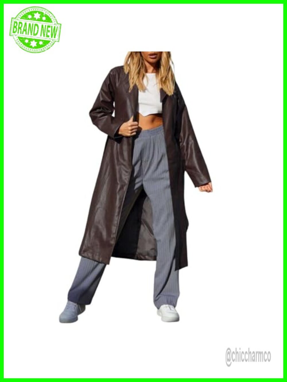 Faux Leather Long Trench Coat Belted Open Front Lapel Casual